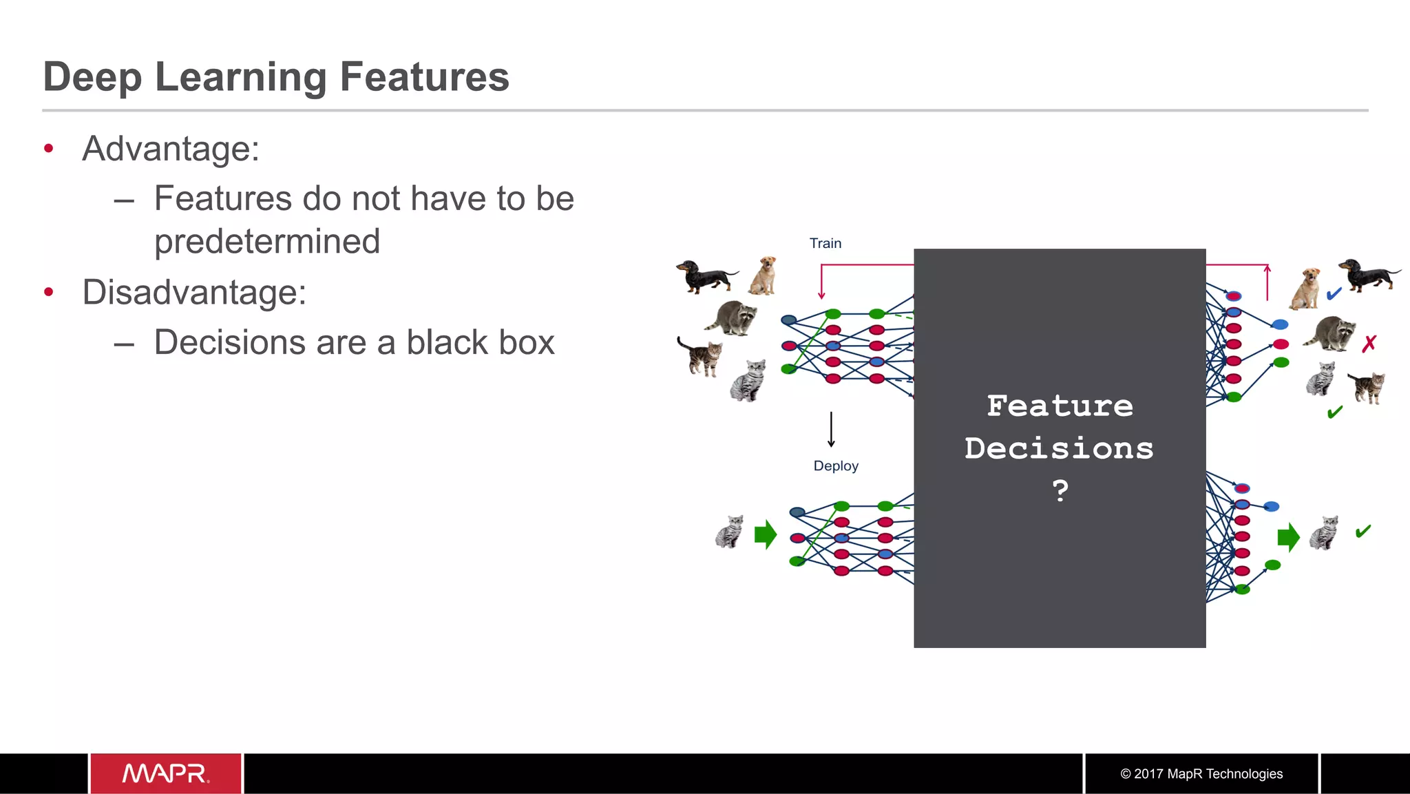 © 2017 MapR Technologies
Deep Learning Features
•  Advantage:
–  Features do not have to be
predetermined
•  Disadvantage:
–  Decisions are a black box
Feature
Decisions
?
 