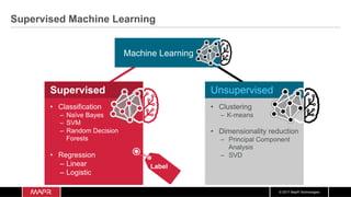 © 2017 MapR Technologies
Supervised Machine Learning
Supervised
•  Classification
–  Naïve Bayes
–  SVM
–  Random Decision
Forests
•  Regression
–  Linear
–  Logistic
Machine Learning
Unsupervised
•  Clustering
–  K-means
•  Dimensionality reduction
–  Principal Component
Analysis
–  SVD
Label
 