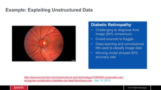 © 2017 MapR Technologies
Example: Exploiting Unstructured Data
http://www.economist.com/news/science-and-technology/21664943-computers-can-
recognise-complication-diabetes-can-lead-blindness-now - Sep 19, 2015
Diabetic Retinopathy:
•  Challenging to diagnose from
image (84% consensus)
•  Crowd-sourced to Kaggle
•  Deep-learning and convolutional
NN used to classify image data
•  Winning model showed 85%
accuracy rate
 
