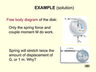EXAMPLE (solution)
Free body diagram of the disk:
Only the spring force and
couple moment M do work.
Spring will stretch twice the
amount of displacement of
G, or 1 m. Why?
 