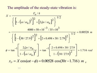 101
The amplitude of the steady-state vibration is:
 
   
 
   
m
n
n
k
o
F
X
00528
.
0
2
/
1
2
79
.
2
/
30
498
.
0
2
2
2
9
.
27
/
30
1
3
10
35
/
3
10
50
4000
2
/
1
2
/
2
2
2
/
1
/
=








=


=











 w
w
w
w
   
rad
n
n
716
.
1
2
9
.
27
/
30
1
9
.
27
/
30
498
.
0
2
1
tan
2
/
1
/
2
1
tan =




=


= 











w
w
w
w

#
)
716
.
1
30
cos(
00528
.
0
)
cos( m
t
t
X
xP 
=

= 
w
 