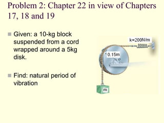 Problem 2: Chapter 22 in view of Chapters
17, 18 and 19
 Given: a 10-kg block
suspended from a cord
wrapped around a 5kg
disk.
 Find: natural period of
vibration
 
