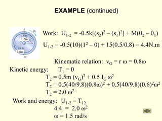 EXAMPLE (continued)
Work: U1-2 = -0.5k[(s2)2 – (s1)2] + M(q2 – q1)
U1-2 = -0.5(10)(12 – 0) + 15(0.5/0.8) = 4.4N.m
Kinematic relation: vG = r w = 0.8w
Kinetic energy: T1 = 0
T2 = 0.5m (vG)2 + 0.5 IG w2
T2 = 0.5(40/9.8)(0.8w)2 + 0.5(40/9.8)(0.6)2w2
T2 = 2.0 w2
Work and energy: U1-2 = T12
4.4 = 2.0 w2
w = 1.5 rad/s
 