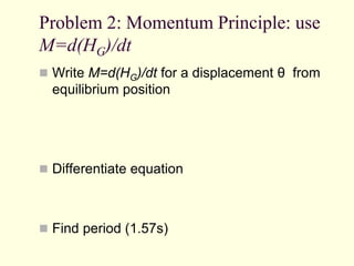 Problem 2: Momentum Principle: use
M=d(HG)/dt
 Write M=d(HG)/dt for a displacement θ from
equilibrium position
 Differentiate equation
 Find period (1.57s)
 