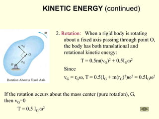 KINETIC ENERGY (continued)
If the rotation occurs about the mass center (pure rotation), G,
then vG=0
2. Rotation: When a rigid body is rotating
about a fixed axis passing through point O,
the body has both translational and
rotational kinetic energy:
T = 0.5m(vG)2 + 0.5IGw2
Since
vG = rGw, T = 0.5(IG + m(rG)2)w2 = 0.5IOw2
T = 0.5 IG w2
 