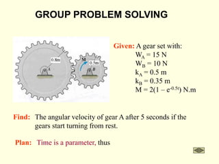 GROUP PROBLEM SOLVING
Find: The angular velocity of gear A after 5 seconds if the
gears start turning from rest.
Plan: Time is a parameter, thus
Given: A gear set with:
WA = 15 N
WB = 10 N
kA = 0.5 m
kB = 0.35 m
M = 2(1 – e-0.5t) N.m
 