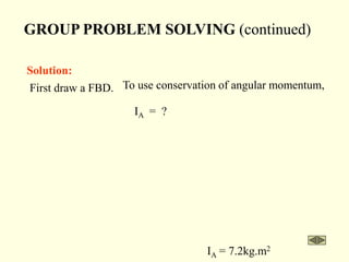 GROUP PROBLEM SOLVING (continued)
To use conservation of angular momentum,
IA = ?
IA = 7.2kg.m2
Solution:
First draw a FBD.
 