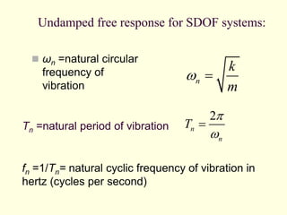 Tn =natural period of vibration
 ωn =natural circular
frequency of
vibration
n
k
m
w =
2
n
n
T

w
=
fn =1/Tn= natural cyclic frequency of vibration in
hertz (cycles per second)
Undamped free response for SDOF systems:
 