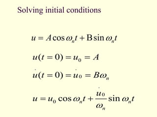 Solving initial conditions
0
. .
0
.
0
0
( 0)
( 0)
cos sin
n
n n
n
u t u A
u t u B
u
u u t t
w
w w
w
= = =
= = =
= 
cos sin
n n
u A t t
w w
=  
 