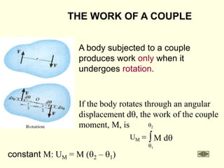 THE WORK OF A COUPLE
A body subjected to a couple
produces work only when it
undergoes rotation.
constant M: UM = M (q2 – q1)
If the body rotates through an angular
displacement dq, the work of the couple
moment, M, is

=
q2
q1
M dq
UM
 