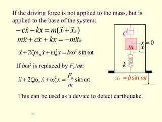 99
If the driving force is not applied to the mass, but is
applied to the base of the system:
t
sin
2 2
2
n
n w
w
=
w

w
 b
x
x
x 


If bw2 is replaced by Fo/m:
)
( B
x
x
m
kx
x
c 



 
=


k
c
x
0
=
x
t
b
xB w
sin
=
m
t
sin
2 2
n
n w
=
w

w

m
F
x
x
x o



This can be used as a device to detect earthquake.
B
x
m
kx
x
c
x
m 



 
=


 