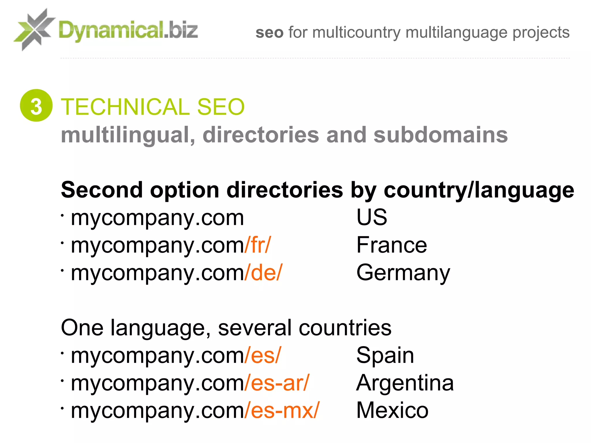 seo for multicountry multilanguage projects



3 TECHNICAL SEO
  multilingual, directories and subdomains

  Second option directories by country/language
  •
    mycompany.com           US
  •
    mycompany.com/fr/       France
  •
    mycompany.com/de/       Germany

  One language, several countries
  •
    mycompany.com/es/        Spain
  •
    mycompany.com/es-ar/     Argentina
  •
    mycompany.com/es-mx/     Mexico
 