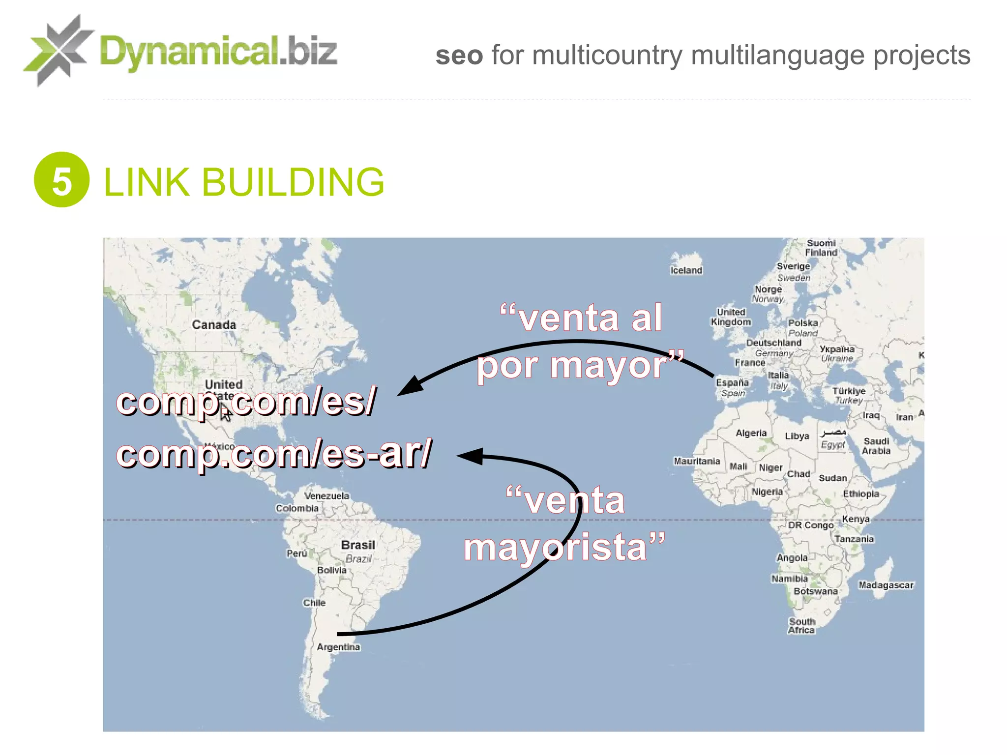 seo for multicountry multilanguage projects



5 LINK BUILDING


                        “venta al
                       por mayor”
  comp.com/es/
  comp.com/es-ar/
                       “venta
                      mayorista”
 