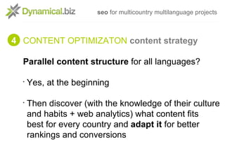 seo for multicountry multilanguage projects



4 CONTENT OPTIMIZATON content strategy

  Parallel content structure for al...