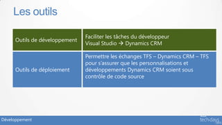 Les outils

                               Faciliter les tâches du développeur
     Outils de développement
                               Visual Studio  Dynamics CRM

                               Permettre les échanges TFS – Dynamics CRM – TFS
                               pour s’assurer que les personnalisations et
     Outils de déploiement     développements Dynamics CRM soient sous
                               contrôle de code source




Développement
 