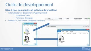 Outils de développement
     Mise à jour des plugins et activités de workflow
     •   Automatisation du déploiement (PluginImportTool)
                • Librairies de code
                • Fichiers de débogage
     •   Utilisation d’un fichier de configuration commun




Développement
 