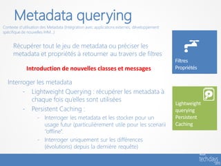 Metadata querying
Contexte d’utilisation des Metadata (Intégration avec applications externes, développement
spécifique de nouvelles IHM…)


     Récupérer tout le jeu de metadata ou préciser les
     metadata et propriétés à retourner au travers de filtres

             Introduction de nouvelles classes et messages

  Interroger les metadata
        - Lightweight Querying : récupérer les metadata à
           chaque fois qu’elles sont utilisées
        - Persistent Caching :
                   - Interroger les metadata et les stocker pour un
                     usage futur (particulièrement utile pour les scenarii
                     ‘’offline’’.
                   - Interroger uniquement sur les différences
                     (évolutions) depuis la dernière requête)
 