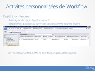 Activités personnalisées de Workflow
Registration Process
    Mise à jour du plugin Registration tool
    Déploiement packagé au travers de solution comme pour les plugins




   Les workflows Custom XAML ne sont toujours pas autorisés online
 