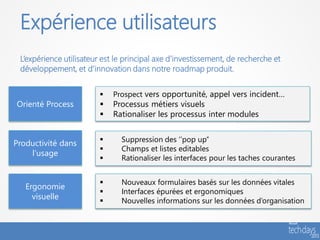 Expérience utilisateurs
 L’expérience utilisateur est le principal axe d’investissement, de recherche et
 développement, et d’innovation dans notre roadmap produit.


                            Prospect vers opportunité, appel vers incident…
Orienté Process             Processus métiers visuels
                            Rationaliser les processus inter modules


                              Suppression des ‘’pop up’’
Productivité dans
                              Champs et listes editables
    l’usage
                              Rationaliser les interfaces pour les taches courantes


                              Nouveaux formulaires basés sur les données vitales
   Ergonomie
                              Interfaces épurées et ergonomiques
     visuelle                 Nouvelles informations sur les données d’organisation
 