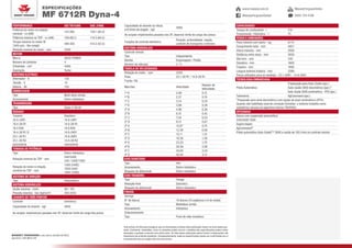 ESPECIFICAÇÕES
MF 6712R Dyna-4
é uma marca mundial da AGCO.
Abr/2015 | FOP MF6712R
Performance ISO TR14396 SAE J1995
Potência do motor na rotação
nominal - cv (kW)
122 (90) 128,1 (94,2)
Potência máxima na TDP - cv (kW) 109 (80,1) 114,5 (84,2)
Torque máximo no motor @
1500 rpm - Nm (mkgf)
490 (50) 514,5 (52,5)
Rotação nominal do motor - rpm 2200
Motor
Marca AGCO POWER
Número de cilindros 4
Cilindrada - cm³ 4400
Aspiração Turbo
Sistema elétrico
Alternador - A 120
Tensão - V 14
Bateria - Ah 105
Embreagem
Tipo Multi disco úmida
Acionamento Eletro-hidráulica
Transmissão
Tipo Dyna-4 16x16
Rodado
Traseiro Dianteiro
18.4-34R1 14.9-24R1
18.4-38 R1 14.9-28 R1
18.4 R38 14.9 R28
18.4-38 R1 D 14.9-24R1
23.1-30 R1 14.9-26R1
23.1-30 R2 14.9-28 R2
600/65R38 480/65R28
Tomada de potência
Tipo Eletro-hidráulica
Rotação nominal da TDP - rpm
540/540E
540 / 540E/1000
Rotação do motor à rotação
nominal da TDP - rpm
1560 (540E)
1920 (540)
1964 (1000)
Sistema de direção
Tipo Hidrostática
Sistema hidráulico
Vazão máxima - l/min 98 / 105
Pressão máxima - bar (kgf/cm²) 200 (204)
Levante de três pontos
Controle Eletrônico
Capacidade de levante - kgf 4950
Ao acoplar implementos pesados nos 3P, observar limite de carga dos pneus
Capacidade de levante na rótula
a 610mm do engate - kgf
4260
Ao acoplar implementos pesados nos 3P, observar limite de carga dos pneus
Funções de controle eletrônico
Posição, profundidade, reação,
controle de transporte e Intermix
Sistema hidráulico
Controle remoto
Tipo Independente
Bomba Engrenagem / Pistão
Número de válvulas 2 / 3
Tabela de velocidades
Rotação do motor - rpm 2200
Pneu 23.1-30 R1 / 14.9-28 R1
Frente / Ré
Marchas Velocidade
Redutor de
Velocidade
1ª A 2,09 0,15
1ª B 2,57 0,19
1ª C 3,14 0,23
1ª D 3,86 0,28
2ª A 4,96 0,36
2ª B 6,10 0,45
2ª C 7,44 0,54
2ª D 9,15 0,67
3ª A 10,07 0,74
3ª B 12,38 0,90
3ª C 15,11 1,10
3ª D 18,58 1,36
4ª A 23,23 1,70
4ª B 28,56 2,08
4ª C 34,85 2,54
4ª D 42,84 3,13
Eixo dianteiro
Tipo 4x4
Acionamento Eletro-hidráulico
Bloqueio do diferencial Eletro-hidráulico
Eixo traseiro
Tipo Flange
Redução final Epicíclica
Bloqueio do diferencial Eletro-hidráulica
Freios
Serviço
N° de discos 18 discos (10 orgânicos e 8 de metal)
Tipo Multidisco úmido
Acionamento Hidráulico
Estacionamento
Tipo Freio de mão mecânico
Capacidades
Tanque de combustível - l 210
Transmissão / hidráulico - l 75
Pesos e dimensões
Peso máximo com lastro - kg 6774
Comprimento total - mm 4851
Altura máxima - mm 2926
Distância entre eixos - mm 2626
Vão livre - mm 530
Dianteira - mm 1809
Traseira - mm 1680
Largura externa traseira - mm 2266
Pneus utilizados para as medidas - 23.1-30R1 - 14.9-26R1
Tecnologia embarcada
Piloto Automático
Preparação para Auto-Guide (opc.)
Auto-Guide 3000 decimétrico (opc.)*
Auto-Guide 3000 centimétrico - RTK (opc.)
Telemetria AgCommand (opc.)
*Preparado para sinal decimétrico com opção de sinal centimétrico (RTK).
Quando não habilitado sinal de correção Omnistar, o sistema trabalha como
submétrico através do algoritmo interno TRUPASS.
opcionais
Banco com suspensão pneumática
540/540E/1000
Supercreeper
AgCommand®
Piloto automático Auto-Guide™ 3000 e vazão de 105 l/min no controle remoto
Todo esforço foi feito para assegurar que as informações contidas nesta publicação fossem as mais exatas pos-
síveis. Entretanto, inexatidões, erros ou omissões podem ocorrer e detalhes das especificações podem sofrer
alterações a qualquer momento sem prévio aviso. As fotos dessa publicação podem ilustrar configurações não
disponíveis nos produtos standards. Consequentemente, todas as especificações devem ser confirmadas com a
concessionária da sua região antes de toda compra.
MasseyFergusonGlobal
MasseyFergusonVideowww.massey.com.br
0800 704 4198
 