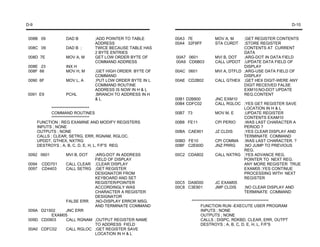 D-9                                                                                                                 D-10


 008B 09          DAD B        ;ADD POINTER TO TABLE      00A3 7E          MOV A, M     ;GET REGISTER CONTENTS
                               ADDRESS                    00A4 32F8FF      STA CURDT    ;STORE REGISTER
 008C 09          DAD B ;      TWICE BECAUSE TABLE HAS                                  CONTENTS AT CURRENT
                               2 BYTE ENTRIES                                           DATA
 008D 7E          MOV A, M     GET LOW ORDER BYTE OF      00A7 0601        MVI B, DOT   ;ARG-DOT IN DATA FIELD
                               COMMAND ADDRESS            00A9 CD6B03      CALL UPDOT ;UPDATE DATA FIELD OF
 008E 23          INX H                                                                 DISPLAY
 008F 66          MOV H, M     ;GET HIGH ORDER BYTE OF    00AC 0601        MVI A, DTFLD ;ARG-USE DATA FIELD OF
                               COMMAND                                                  DISPLAY
 0090 6F          MOV L, A     ;PUT LOW ORDER BYTE IN L   00AE CD2B02      CALL GTHEX ;GET HEX DIGIT-WERE ANY
                               COMMAND ROUTINE                                          DIGIT RECEIVED FALSE
                               ADDRESS IS NOW IN H & L                                  EXM10;NO-DOT UPDATE
0091 E9           PCHL         ;BRANCH TO ADDRESS IN H                                  REG.CONTENT
                               &L                         00B1 D2B800      JNC EXM10
                                                          00B4 CDFC02      CALL RGLOC ;YES GET REGISTER SAVE
             ************************                                                   LOCATION IN H & L
             COMMAND ROUTINES                             00B7 73          MOV M, E     ;UPDATE REGISTER
             ************************                                                   CONTENTS EXAM10
      FUNCTION ; REG EXAMINE AND MODIFY REGISTERS         00B8 FE11        CPI PERIO    ;WAS LAST CHARACTER A
      INPUTS ; NONE                                                                     PERIOD ?
      OUTPUTS ; NONE                                      00BA CAE901      JZ CLDIS     ;YES CLEAR DISPLAY AND
      CALLS ; CLEAR, SETRG, ERR, RGNAM, RGLOC,                                          TERMINATE COMMAND
      UPDDT, GTHEX, NXTRG                                 00BD FE10        CPI COMMA ;WAS LAST CHARACTER. ?
      DESTROYS ; A, B, C, D, E, H, L, F/F'S REG           00BF C2E60D      JNZ PRRG     ;NO JUMP TO PREVIOUS
                                                                                        REG.
 0092 0601        MVI B, DOT;ARG-DOT IN ADDRESS           00C2 CDA802      CALL NXTRG ;YES ADVANCE REG.
                            FIELD OF DISPLAY                                            POINTER TO NEXT REG.
 0094   CDD701   CALL CLEAR ;CLEAR DISPLAY                                              ANY MORE REGISTER TRUE
 0097   CD4403   CALL SETRG ;GET REGISTER                                               EXAM05 ;YES CONTINUE
                            DESIGNATOR FROM                                             PROCESSING WITH NEXT
                            KEYBOARD AND SET                                            REGISTER
                            REGISTER/POINTER              00C5 DA9D00      JC EXAM05
                            ACCORDINGLY WAS               00C8 C3E901      JMP CLDIS    ;NO CLEAR DISPLAY AND
                            CHARACTER A REGISTER                                        TERMINATE COMMAND
                            DESIGNATOR
                 FALSE ERR  ;NO-DISPLAY ERROR MSG.              *************************************************
                            AND TERMINATE COMMAND                     FUNCTION RUN -EXECUTE USER PROGRAM
 009A   D21502   JNC ERR                                              INPUTS ; NONE
            EXAM05                                                    OUTPUTS ; NONE
 009D   CD0903   CALL RGNAM ;OUTPUT REGISTER NAME                     CALLS ; DISPC, RDKBD, CLEAR, ERR, OUTPT
                            TO ADDRESS FIELD                          DESTROYS ; A, B, C, D, E, H, L, F/F'S
 00A0   CDFC02   CALL RGLOC ;GET REGISTER SAVE
                            LOCATION IN H & L
 