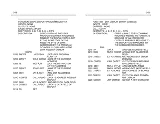 D-19                                                                                                                             D-20


    ***************************************************************        *********************************************
    FUNCTION : DISPC-DISPLAY PROGRAM COUNTER                               FUNCTION : ERR-DISPLAY ERROR MASSEGE
    INPUTS : NONE                                                          INPUTS : NONE
    OUTPUTS : NONE                                                         OUTPUTS : NONE
    CALLS : UPDAD,UPDDT                                                    CALL : OUTPT
    DESTYROYS: A, B, C, D, E, H, L, FF'S                                  DESTROYS : A, B, C, D, E, H, L, FF'S
    DESCRIPTION :               DISPC- DISPLAYS THE USER                   DESCRIPTION :               ERR IS JUMPED TO BY COMMAND
                                PROGRAM COUNTER IN ADDRESS                                             ROUTINES WISHING TO TERMINATE
                                FIELD OF THE DISPLAY,WITH A DOT                                        BECAUSE OF AN ERROR ERR
                                AT THE RIGHT EDGE OF THE                                               OUTPUTS AN ERROR MESSEGS TO
                                FIELD.THE BYTE OF DATA                                                 THE DISPLAY AND BRANCHES TO
                                ADDRESSED BY THE PROGRAM                                               THE COMMAND RECOGNISER.
                                COUNTER IS DISPLAYED IN THE                         ERR
                                DATA FIELD OF DISPLAY                 0215 AF                XRA A              ;ARG-USE ADDRESS FIELD
             DISPC                                                    0216 0600              MVI B, NODOT ;ARG-NO DOT IN ADDRESS
0200 2AF2FF           LHLD PSAV          ;GET USER PROGRAM                                                      FIELD
                                         COUNTER                      0218 219E03            LXI H, ERMSG ;ARG-ADDRESS OF ERROR
0203 22F6FF           SHLD CURAD ;MAKE IT THE CURRENT                                                           MESSAGE
                                         ADDRESS                      021B CDB702            CALL OUTPT ;OUTPUT ERROR MESSAGE
0206 7E               MOV A, M           ;GET THE INSTRUCTION                                                   TO ADDRESS FIELD
                                         AT THAT ADDRESS              021E 3E01              MVI A, DTFLD ;ARG-USE DATA FIELD
0207 32F8FF           STA CURDT ;MAKE IT THE CURRENT                  0220 0600              MVI B, NODOT ;ARG-NO DOT IN DATA FIELD
                                         DATA                         0222 219A03            LXI H, BLNKS ;ARG-ADDRESS OF BLANKS
020A 0601             MVI B, DOT         ;ARG-DOT IN ADDRESS                                                    FOR
                                         FIELD                        0225 CDB702            CALL OUTPT ;OUTPUT BLANKS TO DATA
020C CD5F03           CALL UPDAD ;UPDATE ADDRESS FIELD OF                                                       FOR DISPLAY
                                         DISPLAY                      0228 C36600            JMP CMMND ;GO GET A NEW COMMAND
020F 0600             MVI B, NODOT ;ARG-NO DOT IN DATA FIELD
0211 CD6B03           CALL UPDDT ;UPDATE DATA FIELD OF
                                         DISPLAY
0214 C9               RET
 