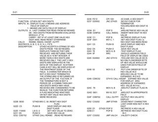 D-21                                                                                                                  D-22


       ********************************************                  0235 FE10       CPI 10H      ;IS CHAR. A HEX DIGIT?
       FUNCTION : GTHEX-GET HEX DIGITS                               0237 D25502     JNC GTH20    ;NO-GO CHECK FOR
       INPUTS : B - DISPLAY FLAG -0 MEANS USE ADDRESS                                             TERMINATOR.
                       FIELD OF DISPLAY                                                           YES-ARG-NEW HEX DIGIT IS
                   1 - MEANS USE DATA FIELD OF DISPLAY                                            IN A
       OUTPUTS : A - LAST CHARACTER READ FROM KEYBOARD               023A D1          POP D       ;ARG-RETRIEVE HEX VALUE
                      DE - HEX DIGITS FROM KEYBOARD EVALUATED        023B CD9F02      CALL INSDG ;INSERT NEW DIGIT IN HEX
                      MODULO 2**16                                                                VALUE
                      CARRY - SET IF AT LEAST ONE VALID HEX          023E C1          POP B       ;RETRIEVE DISPLAY FLAG
                      DIGIT WAS READ RESET OTHERWISE                 023F 0301        MVI C, 1    ;SET HEX DIGIT FLAG i.e.
       CALLS        : RDKBD, INSDG, HXDSP, OUTPT                                                  HEX DIGIT HAS BEEN READ
       DESTROYS: A, B, C, D, E, H, L, FF'S                          0241 C5          PUSH B      ;SAVE DISPLAY AND HEX
       DESCRIPTION :               GTHEX ACCEPTS A STRING OF HEX                                  DIGIT FLAGS
                                   DIGITS FROM THE KEYBOARD,         0242 D5          PUSH D      ;SAVE HEX VALUE
                                   DISPLAYS THEM AS THEY ARE         0243 78          MOV A, B    ;TEST DISPLAY FLAG
                                   RECIEVED AND RETURNS THEIR        0244 0F          RRC         ;SHOULD ADDRESS FIELD
                                   VALUE AS A 16 BIT INTEGER. IF                                  FIELD OF DISPLAY BE USED
                                   MORE TAHN 4 HEX DIGITS ARE        0245 D24902      JNC GTH10   ;YES-USE HEX VALUE AS IS
                                   RECIEVED ONLY THE LAST 2 HEX                                   NO-ONLYLOWORDER BYTE
                                   DIGITS ARE DISPLAYED IN THE                                    OF HEX VALUE SHOULD BE
                                   DATA OF THE DISPLAY. IN EITHER                                 USED FOR DATA FIELD OF
                                   CASE,A DOT WILL BE DISPLAYED AT                                DISPLAY
                                   THE RIGHTMOST EDGE OF THE         0248 53          MOV D, E    ;PUT LOW ORDER BYTE OF
                                   FIELD. A CHARACTER WHICH IS                                    HEX VALUE IN D
                                   NOT A HEX DIGIT TERMINATES                                     ARG-HEX VALUE TO BE
                                   THE STRING AND IS RETURNED AS                                  EXPANDED IN D & E
                                   AN OUTPUT OF THE FUCTION. IF      0249 CD6C02      GTH10 CALL HXDSP ;EXPAND HEX VALUE
                                   THE TERMINATORS IS NOT A                                       FOR DISPLAY ARG-
                                   PERIOD OR A COMMA THEN ANY                                     ADDRESS OF EXPANDED
                                   HEX DIGITS WHICH MAY HAVE                                      HEX VALUE IN H & L
                                   RECIEVED ARE CONSIDERED TO BE     024C 78          MOV A, B    ;ARG-PUT DISPLAY FLAG IN
                                   INVALID. THE FUNCTION RETURNS                                  A
                                   A FLAG INDICATING WHETHER         024D 0601        MVI B, DOT  ;ARG-DOT IN APPROPRIATE
                                   OR NOT ANY VALID HEX DIGITS                                    FIELD
                                   WERE RECIEVED.                    024F CDB702      CALL OUTPT ;OUTPUT HEX VALUETO
                                                                                                  DISPLAY
022B 0E00            GTHEX MVI C, 00 ;RESET HEX DIGIT                0252 C33202      JMP GTH05   ;GOGETNEXT CHARACTER
                                         FLAG                                                     ;LAST CHAR WAS NOT A HEX
022D C5              PUSH B       ;SAVE DISPLAY AND HEX                                           DIGIT
                                  DIGIT FLAGS                        0255 D1    GTH20 POP D       ;RETRIEVE A HEX VALUE
022E 110000          LXI D, 0     ;SET HEX VALUE TO ZERO             0256 C1          POP B       ;RETRIEVE HEX DIGIT FLAG
0231 D5              PUSH D       ;SAVE HEX VALUE                                                    IN C
0232 CDE702          GTH05 CALL RDKBD ;READ KEYBOARD                 0257 C33202      JMP VALCH   ;VALIDITY CHECK
 