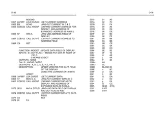 D-35                                                                                        D-36


            MODIAD                                                 0379     01      A0
035F 2AF6FF LHLD CURAD ;GET CURRENT ADDRESS                        037A     02      7C
0362 EB     XCHG       ;ARG-PUT CURRENT IN D & E                   037B     03      F4
0363 CD6C02 CALL HXDSP ;EXPAND CURRENT ADDRESS FOR                 037C     04      A6
                       DISPALY. ARG-ADDRESS OF                     037D     05      D6
                       EXPANDED ADDRESS IS IN H & L                037E     06      DE
0366 AF     XRA A      ;ARG-USE ADDRESS FIELD OF                   037F     07      B0
                       DISPLAY                                     0380     08      FE
0367 CDB702 CALL OUTPT ;OUTPUT CURRENT ADDRESS TO                  0381     09      B6
                       ADDRESS FIELD                               0382     0A      BE
036A C9     RET                                                    0383     0B      CE
                                                                   0384     0C      5A
        ********************************************************   0385     0D      EC
        FUNCTION : MODIDT - UPDATE DATA FIELD OF DISPLAY           0386     0E      5E
        INPUTS : B - DOT FLAG - 1 MEANS PUT DOT AT RIGHT OF        0387     0F      1E
                        FIELD                                      0388     H       AE
                       0 MEANS NO DOT                              0389     L       4A
        OUTPUTS : NONE                                             038A     P       3E
        CALLS : HXDSP,OUTDT                                        038B I   A0
        DESTROYS : A, B, C, D, E, H, L, F/F, S                     038Cr    0C
        DESCRIPTION :               UPDDT UPDATES THE DATA FIELD   038D     BLANK   00
                                    OF THE DISPLAY                 038E     n       8C
                                    USING THE CURRENT DATA BYTE    038F     U       EA
                 UPDDT:                                            0391     h       8E
036B   3AF8FF LDA CURDT ;GET CURRENT DATA                          0391     G       DA
036E   57        MOV D, A           ;ARG-PUT CURRENT DATA IN D     0392     J       E0
036F   CD6C02 CALL HXDSP ;EXPAND CURRENT DATA FOR                  0393     y       E6
                                    DISPLAY. ARG-ADDRESS OF        0394     O       CC
                                    EXPANDED DATA IS IN H & L.     0395     3E46    4(19)
0372   3E01      MVI A, DTFLD ;ARG-USE DATA FIELD OF DISPLAY       0397     01FF
                                    ARG-DOT FLAG IS IN B           0399     01FF
0374   CDB702 CALL OUTPT ;OUTPUT CURRENT DATA TO DATA
                                    FIELD
0377   C9                           RET
0378   00        FA
 