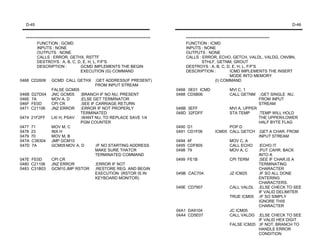 D-45                                                                                                                                      D-46


  *******************************************************************************       *****************************************************
         FUNCTION : GCMD                                                                FUNCTION : ICMD
         INPUTS : NONE                                                                  INPUTS : NONE
         OUTPUTS : NONE                                                                 OUTPUTS : NONE
         CALLS : ERROR, GETHX, RSTTF                                                    CALLS : ERROR, ECHO, GETCH, VALDL, VALDG, CNVBN,
         DESTROYS : A, B, C, D, E, H, L, F/F'S                                                    STHLF, GETNM, GROUT
         DESCRIPTION :               GCMD IMPLEMENTS THE BEGIN                          DESTROYS : A, B, C, D, E, H, L, F/F'S
                                     EXECUTION (G) COMMAND                              DESCRIPTION :               ICMD IMPLEMENTS THE INSERT
                                                                                                                    MODE INTO MEMORY
0468 CD2606       GCMD CALL GETHX ;GET ADDRESS(IF PRESENT)                                                (I) COMMAND
                                      FROM INPUT STREAM
                  FALSE GCM05                                                       0468 0E01 ICMD           MVI C, 1
046B   D27D04     JNC GCM05   ;BRANCH IF NO NU. PRESENT                             0488 CD5B06              CALL GETNM    ;GET SINGLE NU.
046E   7A         MOV A, D    ;ELSE GET TERMINATOR                                                                         FROM INPUT
046F   FE0D       CPI CR      ;SEE IF CARRIAGE RETURN                                                                      STREAM
0471   C21106     JNZ ERROR ;ERROR IF NOT PROPERLY                                  048B 3EFF               MVI A, UPPER
                              TERMINATED                                            048D 32FDFF             STA TEMP     ;TEMP WILL HOLD
0474 21F2FF       LXI H, PSAV ;WANT NU. TO REPLACE SAVE 1/4                                                              THE UPPER/LOWER
                              PGM COUNTER                                                                                HALF BYTE FLAG
0477   71         MOV M, C                                                          0490 D1                 POP D
0478   23         INX H                                                             0491 CD1F06       ICM05 CALL GETCH ;GET A CHAR. FROM
0479   70         MOV M, B                                                                                               INPUT STREAM
047A   C38304     JMP GCM10                                                         0494 4F                 MOV C, A
047D   7A         GCM05 MOV A, D      ;IF NO STARTING ADDRESS                       0495 CDF805             CALL ECHO    ;ECHO IT
                                      MAKE SURE THATCR                              0498 79                 MOV A, C     ;PUT CAHR. BACK
                                      TERMINATED COMMAND                                                                 INTO A
047E FE0D         CPI CR                                                            0499 FE1B               CPI TERM     ;SEE IF CHAR.IS A
0480 C21106       JNZ ERROR           ;ERROR IF NOT                                                                      TERMINATING
0483 C31B03       GCM10 JMP RSTOR ;RESTORE REG. AND BEGIN                                                                CHARACTER
                                      EXECUTION (RSTOR IS IN                        049B CAC704             JZ ICM25     ;IF SO ALL DONE
                                      KEYBOARD MONITOR)                                                                  ENTERING
                                                                                                                         CHARACTERS.
                                                                                    049E CD7907             CALL VALDL ;ELSE CHECK TO SEE
                                                                                                                         IF VALID DELIMITER
                                                                                                            TRUE ICM05 ;IF SO SIMPLY
                                                                                                                         IGNORE THIS
                                                                                                                         CHARACTER
                                                                                    04A1 DA9104             JC ICM05
                                                                                    04A4 CD5E07             CALL VALDG ;ELSE CHECK TO SEE
                                                                                                                         IF VALID HEX DIGIT
                                                                                                            FALSE ICM20 ;IF NOT, BRANCH TO
                                                                                                                         HANDLE ERROR
                                                                                                                         CONDITION
 