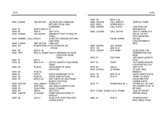 D-51                                                                                                      D-52


                                                        0563   7E        MOV A, M
0540 C20804      JNZ GETCM   ;NO-MUST BE CARRIAGE       0564   CDC706    CALL NMOUT        ;DISPLAY THEM
                             RETURN TO AN END           0567   0E2D      XCM20 MVI C,'-'
                             COMMAND                    0569   CDF805    CALL ECHO         ;USE DASH AS
0543 73          XCM15 MOV A, M                                                            SEPARATOR
0544 B7          ORA A       ;SET F/F'S                 056C CD2606      CALL GETHX        ;SEE IF THERE IS A
0545 C24E05      JNZ XCM16   ;BRANCH IF NOT AT END OF                                      VALUE TO PUT
                             TABLE                                                         INTO REGISTER
0548 CDEB05 CALL CROUT       ;ELSE O/P CARIAGE RETURN                    FALSE XCM30       ;NO GO
                             LINE FEED                                                     CHECKFORNEXT
054B C30804      JMP GETCM ;AND EXIT                                                       REG.
054E E5          XCM18 PUSH H ;PUT POINTER ON           056F D28705      JNC XCM30
                                STACK                   0572 7A          MOV A, D
054F 5E          MOV E, M                               0573 32FDFF      STA TEMP          ;ELSE SAVE THE
0550 16FF        MOV D, RAMST SHR 8 ;ADDRESS OF SAVE                                       TERMINATOR FOR
                                     LOCATION FROM                                         NOW
                                     TABLE              0576 F1          POP PSW           ;GET BACK LENGTH
0552 23          INX H                                                                     FLAG
0553 46          MOV B, M    ;FETCH LENGTH FLAG EROM    0577 E1          POPH              ;PUT ADDR.OFSAVE
                             TABLE                                                         LOCATION INTO HL
0554 D5          PUSHD       ;SAVE ADDR.OF SAVE         0578 B7          ORA A             ;SET F/F'S
                             LOCATION                   0579 CA7E05      JZ XCM25          ;IF 8 BIT REG,
0555 D5          PUSH D                                                                    BRANCH
0556 E1          POP H       ;MOVE ADDRESSS TO HL       057C 70          MOV M, B          ;SAVE UPPER 8 BITS
0557 C5          PUSH B      ;SAVE LENGTH FLAG          057D 2B          DCX H             ;POINT TO SAVE
0558 7E          MOV A, M    ;GET 8 BITS OF REG FROM                                       LOCATION FOR
                             SAVED LOCATION                                                LOWER 8 BITS
0559 CDC706      CALL NMOUT ;DISPLAY IT                 057E 71          XCM25 MOV M, C    ;STORE ALL OF 8 BIT
055C F1          POP PSW     ;GET BACK LENGTH FLAG                                         OR LOWER 1/2 OF 16
055D F5          PUSH PSW    ;SAVE IT AGAIN                                                BIT REG.
055E B7          ORA A       ;SET F/F'S                 057F 110300 XCM27 LXI D, RTABS     ;SIZE OF ENTRY
055F CA6705      JZ XCM20    ;IF8BIT REG.NOTHING TO                                        INRTAB TABLE
                             DISPLAY
0562 2B          DCX H       ;ELSE FOR 16 BIT REG.GET   0582 E1          POP H             ;POINTER INTO
                             LOWER 8 BITS                                                  REG.TABLE RTAB
 