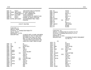 D-53                                                                                                                             D-54


0583   19        DAD D       ;ADD ENTRY SIZE TO POINTER               05B1   05                   DCR B
0584   C33605    JMP XCM10   ;DO NEXT REGISTER                        05B2   CABC05               JZ CI5
0587   7A        XCM30 MOV A, D ;GET TERMINATOR                       05B5   79                   MOV A, C
0588   32FDFF    STA TEMP    ;SAVE IN MEMORY                          05B6   1F                   RAR
058B   D1        POP D       ;CLEAR STACK OF LENGTH FLAG              05B7   4F                   MOV C, A
058C   D1        POP D       & ADDR. OF SAVE LOCATION                 05B8   00                   NOP
058D   C37F05    JMP XCM27   ;GO INCREMENT REG. TABLE                 05B9   C3A405               JMP CI3
                             POINTER                                  05BC   E1            CI5    POP H
                                                                      05BD   FB                   EI
        ********************************************************      05BE   79                   MOV A, C
                          UTILITY ROUTINE                             05BF   C9FFFF               JMP 3PASS
                                                                      05C2   FF                   BLANK
        ********************************************************      05C3   FF                   BLANK
        FUNCTION : CI
        INPUTS : NONE                                                        ****************************************************
        OUTPUTS : A - CHARACTER FROM TTY                                     FUNCTION : CO
        CALLS : DELAY                                                        INPUTS : C-CHARACTER TO OUTPUT TO TTY
        DESTROYS : A, F/F'S                                                  OUTPUTS : C-CHARACTER OUTPUT TO TTY
        DESCRIPTION :               CI WAITS UNTIL A CHAR. HAS BEEN          CALLS : DELAY
                                    ENTERED AT THE TTY AND THEN              DESTROYS : A, F/F'S
                                    RETURNS THE CHAR. VIA THE A              DESCRIPTION :               CO-SENDS ITS INPUT ARGUMENT
                                    REG. TO THE CALLING ROUTINE.                                         TO THE TTY.
                                    THIS ROUTINE IS CALLED BY THE
                                    USER VIA A JUMP TABLE IN RAM                   C0
                 CI                                                   05C4    F3                  DI
0590    F3                          DI                                05C5    C5                  PUSH B
0591    E5                          PUSH H                            05C6    E5                  PUSH H
0592    0609                        MVI B, BITS                       05C7    060B                MVI B, BITS0
0594    20                CI1       RIM                               05C9    AF                  XRA A
0595    B7                          ORA A                             05CA    3E80         CO1    MVI A, 80H
0596    FA9405                      JM CI1                            05CC    1F                  RAR
0599    2A9AFF                      CHLD HALFBIT                      05CD    30                  SIM
059C    2D                 CI2      DCR L                             05CE    2AC0FF              LHLD BITTIME
059D    C29C05                      JNZ CI2                           05D1    2D           CO2    DCR L
05A0    25                          DCR H                             05D2    C2D105              JNZ CO2
05A1    C29C05                      JNZ CI2                           05C5    25                  DCR H
05A4    2AC0FF            CI3       LHLD BITTIMC                      05C6    C2D105              JNZ CO2
05A7    2D                 CI4      DCR L                             05C9    37                  STC
05A8    C2A705                      JNZ CI4                           05CA    79                  MOV A, C
05AB    25                          DCR H                             05CB    1F                  RAR
05AC    C2A705                      JNZ CI4                           05CC    4F                  MOV C, A
05AF    20                          RIM                               05CD    05                  DCR B
05B0    17                          RAL                               05CE    2CA05               JNZ CO1
 