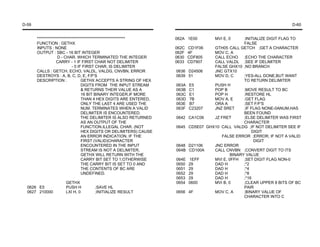 D-59                                                                                                                      D-60


       ********************************************************      062A 1E00          MVI E, 0      ;INITIALIZE DIGIT FLAG TO
       FUNCTION : GETHX                                                                               FALSE
       INPUTS : NONE                                                 062C   CD1F06      GTH05 CALL GETCH ;GET A CHARACTER
       OUTPUT : SBC - 16 BIT INTEGER                                 062F   4F          MOV C, A
                    D - CHAR. WHICH TERMINATED THE INTEGER           0630   CDF805      CALL ECHO     ;ECHO THE CHARACTER
                   CARRY - 1 IF FIRST CHAR NOT DELIMITER             0633   CD7907      CALL VALDL ;SEE IF DELIMITER
                             - 0 IF FIRST CHAR. IS DELIMITER                            FALSE GHX10 ;NO BRANCH
       CALLS : GETCH, ECHO, VALDL, VALDG, CNVBN, ERROR               0636 D24506        JNC GTX10
       DESTROYS : A, B, C, D, E, F/F'S                               0639 51            MOV D, C      ;YES-ALL DONE,BUT WANT
       DESCRIPTION :               GETHX ACCEPTS A STRING OF HEX                                      TO RETURN DELIMITER
                                   DIGITS FROM THE INPUT STREAM      063A   E5          PUSH H
                                   & RETURNS THEIR VALUE AS A        063B   C1          POP B         ;MOVE RESULT TO BC
                                   16 BIT BINARY INTEGER.IF MORE     063C   E1          POP H         ;RESTORE HL
                                   THAN 4 HEX DIGITS ARE ENTERED,    063D   7B          MOV A, E      ;GET FLAG
                                   ONLY THE LAST 4 ARE USED THE      063E   B7          ORA A         ;SET F/F'S
                                   NUM. TERMINATES WHEN A VALID      063F   C23207      JNZ SRET      ;IF FLAG NONE-0ANUM.HAS
                                   DELIMITER IS ENCOUNTERED.                                          BEEN FOUND
                                   THE DELIMITER IS ALSO RETURNED    0642 CA1C06        JZ FRET       ;ELSE DELIMITER WAS FIRST
                                   AS AN OUTPUT OF THE                                                CHARACTER
                                   FUNCTION.ILLEGAL CHAR. (NOT       0645 CD5E07     GHX10 CALL VALDG ;IF NOT DELIMITER SEE IF
                                   HEX DIGITS OR DELIMITERS) CAUSE                                        DIGIT
                                   AN ERROR INDICATION. IF THE                             FALSE ERROR ;ERROR, IF NOT A VALID
                                   FIRST (VALID)CHARACTER                                                  DIGIT
                                   ENCOUNTERED IN THE INPUT          0648 D21106        JNC ERROR
                                   STREAM IS NOT A DELIMITER,        064B CD100A        CALL CNVBN ;CONVERT DIGIT TO ITS
                                   GETHX WILL RETURN WITH THE                                   BINARY VALUE
                                   CARRY BIT SET TO 1;OTHERWISE      064E   1EFF        MVI E, 0FFH ;SET DIGIT FLAG NON-0
                                   THE CARRY BIT IS SET TO 0 AND     0650   29          DAD H         ;*2
                                   THE CONTENTS OF BC ARE            0651   29          DAD H         ;*4
                                   UNDEFINED.                        0652   29          DAD H         ;*8
                                                                     0653   29          DAD H         ;*16
                     GETHX                                           0654   0600        MVI B, 0      ;CLEAR UPPER 8 BITS OF BC
  0626 E5            PUSH H         ;SAVE HL                                                          PAIR
  0627 210000        LXI H, 0       ;INITIALIZE RESULT               0656 4F            MOV C, A      ;BINARY VALUE OF
                                                                                                      CHARACTER INTO C
 