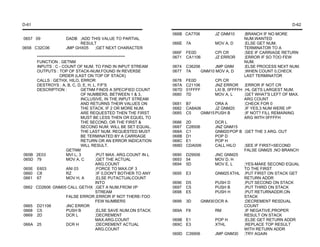 D-61                                                                                                                          D-62

                                                                        066B CA7706         JZ GNM10     ;BRANCH IF NO MORE
0657 09                DADB ;ADD THIS VALUE TO PARTIAL                                                   NUM.WANTED
                             RESULT                                     066E 7A             MOV A, D     ;ELSE GET NUM.
0658 C32C06            JMP GHX05  ;GET NEXT CHARACTER                                                    TERMINATOR TO A
                                                                        066F   FE0D         CPI CR       ;SEE IF CARRIAGE RETURN
       ********************************************************         0671   CA1106       JZ ERROR     ;ERROR IF SO TOO FEW
       FUNCTION : GETNM                                                                                  NUM.
       INPUTS : C - COUNT OF NUM. TO FIND IN INPUT STREAM               0674   C36206       JMP GNM      ;ELSE PROCESS NEXT NUM.
       OUTPUTS : TOP OF STACK-NUM.FOUND IN REVERSE                      0677   7A     GNM10 MOV A, D     ;WHEN COUNT 0,CHECK
                     ORDER (LAST ON TOP OF STACK)                                                        LAST TERMINATOR
       CALLS : GETHX, HILO, ERROR                                       0678   FE0D         CPI CR
       DESTROYS : A, B, C, D, E, H, L, F/F'S                            067A   C21106       JNZ ERROR ;ERROR IF NOT CR
       DESCRIPTION :               GETNM FINDS A SPECIFIED COUNT        067D   01FFFF       LXI B, 0FFFFH ;HL GETS LARGEST NUM.
                                   OF NUMBERS, BETWEEN 1 & 3,           0680   7D           MOV A, L      ;GET WHAT'S LEFT OF MAX.
                                   INCLUSIVE, IN THE INPUT STREAM                                         ARG COUNT
                                   AND RETURNS THEIR VALUES ON          0681   B7           ORA A         ;CHECK FOR 0
                                   THE STACK. IF 2 OR MORE NUM.         0682   CA8A06       JZ GNM20      ;IF YES,3 NUM WERE I/P
                                   ARE REQUESTED THEN THE FIRST         0685   C5     GNM15 PUSH B        ;IF NOT? FILL REMAINING
                                   MUST BE LESS THEN OR EQUEL TO                                          ARG WITH 0FFFFH
                                   THE SECOND, OR THE FIRST &           0686   2D           DCR L
                                   SECOND NUM. WILL BE SET EQUAL.       0687   C28506       JNZ GNM15
                                   THE LAST NUM. REQUESTED MUST         068A   C1           GNM20 POP B ;GET THE 3 ARG. OUT
                                   BE TERMINATED BY A CARRIAGE          068B   D1           POP D
                                   RETURN OR AN ERROR INDICATION        068C   E1           POP H
                                   WILL RESULT.                         068D   CDA006       CALL HILO     ;SEE IF FIRST=SECOND
                         GETNM                                                                            FALSE GNM25 ;NO BRANCH
065B   2E03              MVI L, 3           ;PUT MAX. ARG.COUNT IN L    0690   D29506       JNC GNM25
065D   79                MOV A, C           ;GET THE ACTUAL             0693   54           MOV D, H
                                            ARG.COUNT                   0694   5D           MOV E, L      ;YES-MAKE SECOND EQUAL
065E   E603              ANI 03             ;FORCE TO MAX.OF 3                                            TO THE FIRST
0660   C8                RZ                 ;IF 0,DON'T BOTHER TO ANY   0695   E3           GNM25 XTHL ;PUT FIRST ON STACK GET
0661   67                MOV H, A           ;ELSE PUTACTUALCOUNT                                          RETURN ADDR
                                            INTO                        0696   D5           PUSH D        ;PUT SECOND ON STACK
0662   CD2606 GNM05 CALL GETHX ;GET A NUM.FROM I/P                      0697   C5           PUSH B        ;PUT THIRD ON STACK
                                            STREAM                      0698   E5           PUSH H        ;PUT RETURNADDR.ON
                         FALSE ERROR ;ERROR IF NOT THERE-TOO                                              STACK
                                            FEW NUMBERS                 0699   3D     GNM30 DCR A         ;DECREMENT RESDUAL
0665   D21106            JNC ERROR                                                                        COUNT
0668   C5                 PUSH B            ;ELSE SAVE NUM.ON STACK     069A   F8           RM            ;IF NEGATIVE,PROPER
0669   2D                DCR L              ;DECREMENT                                                    RESULT ON STACK
                                            MAX.ARG.COUNT               069B   E1           POP H         ;ELSE GET RETURN ADDR
066A   25                DCR H              ;DECREMENT ACTUAL           069C   E3           XTHL          ;REPLACE TOP RESULT
                                            ARG.COUNT                                                     WITH RETURN ADDR
                                                                        069D   C39906       JMP GNM30 ;TRY AGAIN
 