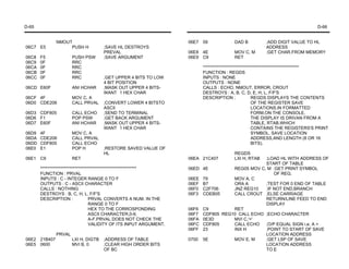 D-65                                                                                                                             D-66


              NMOUT                                                  06E7 09              DAD B          ;ADD DIGIT VALUE TO HL
06C7 E5            PUSH H            ;SAVE HL DESTROYS                                                   ADDRESS
                                     PREVAL                          06E8 4E              MOV C, M       ;GET CHAR.FROM MEMORY
06C8   F5             PUSH PSW       ;SAVE ARGUMENT                  06E9 C9              RET
06C9   0F             RRC
06CA   0F             RRC                                                   ********************************************************
06CB   0F             RRC                                                   FUNCTION : REGDS
06CC   0F             RRC            ;GET UPPER 4 BITS TO LOW               INPUTS : NONE
                                     4 BIT POSITION                         OUTPUTS : NONE
06CD E60F             ANI HCHAR      ;MASK OUT UPPER 4 BITS-                CALLS : ECHO, NMOUT, ERROR, CROUT
                                     WANT 1 HEX CHAR                        DESTROYS : A, B, C, D, E, H, L, F/F'S
06CF 4F               MOV C, A                                              DESCRIPTION :               REGDS DISPLAYS THE CONTENTS
06D0 CDE206           CALL PRVAL     ;CONVERT LOWER 4 BITSTO                                            OF THE REGISTER SAVE
                                     ASCII                                                              LOCATIONS,IN FORMATTED
06D3 CDF805           CALL ECHO      ;SEND TO TERMINAL                                                  FORM,ON THE CONSOLE.
06D6 F1               POP PSW        ;GET BACK ARGUMENT                                                 THE DISPLAY IS DRIVAN FROM A
06D7 E60F             ANI HCHAR      ;MASK OUT UPPER 4 BITS-                                            TABLE, RTAB,WHICH
                                     WANT 1 HEX CHAR                                                    CONTAINS THE REGISTERS'S PRINT
06D9   4F             MOV C, A                                                                          SYMBOL, SAVE LOCATION
06DA   CDE206         CALL PRVAL                                                                        ADDRESS,AND LENGTH (8 OR 16
06DD   CDF805         CALL ECHO                                                                         BITS).
06E0   E1             POP H          ;RESTORE SAVED VALUE OF
                                     HL                                                   REGDS
06E1 C9               RET                                            06EA 21C407          LXI H, RTAB;LOAD HL WITH ADDRESS OF
                                                                                                     START OF TABLE
       ********************************************************      06ED 4E             REG05 MOV C, M ;GET PRINT SYMBOL
       FUNCTION : PRVAL                                                                                  OF REG.
       INPUTS : C - INTEGER RANGE 0 TO F                             06EE   79           MOV A, C
       OUTPUTS : C - ASCII CHARACTER                                 06EF   B7           ORA A       ;TEST FOR 0 END OF TABLE
       CALLS : NOTHING                                               06F0   C2F706       JNZ REG10   ;IF NOT END,BRANCH
       DESTROYS : B, C, H, L, F/F'S                                  06F3   CDEB05       CALL CROUT ;ELSE CARRIAGE
       DESCRIPTION :               PRVAL CONVERTS A NUM. IN THE                                      RETURN/LINE FEED TO END
                                   RANGE 0 TO F                                                      DISPLAY
                                   HEX TO THE CORROSPONDING          06F6   C9           RET
                                   ASCII CHARACTER,0-9,              06F7   CDF805   REG10 CALL ECHO ;ECHO CHARACTER
                                   A-F.PRVAL DOES NOT CHECK THE      06FA   0E3D         MVI C,'='
                                   VALIDITY OF ITS INPUT ARGUMENT.   06FC   CDF805       CALL ECHO   ;O/P EQUAL SIGN i.e. A =
                                                                     06FF   23           INX H       ;POINT TO START OF SAVE
              PRVAL                                                                                  LOCATION ADDRESS
06E2 21B407           LXI H, DIGTB   ;ADDRESS OF TABLE               0700   5E           MOV E, M    ;GET LSP OF SAVE
06E5 0600             MVI B, 0       ;CLEAR HIGH ORDER BITS                                          LOCATION ADDRESS
                                     OF BC                                                           TO E
 