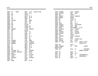 D-79                                                                                             D-80


0900   7E     INSZ     MOV    A, M    ;DATA AT SS   0939   CD2B02    CALL GTHEX
0901   47              MOV    B, A                  093C   D21502    JNC   ERR
0902   EB              XCHG                         093F   EB        XCHG
0903   77              MOV    M, A                  0940   22B4FF    SHLD DASAVE
0904   7E              MOV    A, M                  0943   000000    NOPS
0905   B8              CMP    B                     0946   E5        PUSH H
0906   C21502          JNZ    ERR                   0947   D1        POP D
0909   1B              DCX    DE                    0948   23        INX   H
090A   2B              DCX    HL                    0949   3EFF      MVI   A, FF
090B   EB              ECHG                         094B   32BFFF    STA   COPYTEST
090C   D5              PUSH   DE                    094E   C36B08    JMP   MB1
090D   E5              PUSH   HL                    0951   0E05      HEX-DEMVI   C, 05
090E   2AB6FF          LHLD   IASAVE                0953   CDC20A    CALL DTDISP
0911   EB              ECHG                         0956   0600      MVI   B, 00
0912   E1              POP    HL                    0958   CD2B02    CALL GTHEX
0913   7D              MOV    A, L                  095B   D21502    JNC   ERROR
0914   93              SUB    E                     095E   EB        XCHG
0915   7C              MOV    A, H                  095F    22B1FF   SHLD HESAVE
0916   9A              SUB    D                     0962   AF        RAA
0917   D1              POP    DE                    0963   32B1FF    STA   CARRY LOC
0918   D20009          JNC    INS2                  0966   010000    LXI   B, 00
091B   2AB6FF          LHLD   TASAVE                0969   7C HD0    MOV A, H    ;SEE HL=HEX
091E   3AB8FF          LDA    SRSAVE                                             COUNT 00
0921   77              MOV    M, A                  096A B5          ORA L
0922   47              MOV    B, A                  096B CA8909      JZ    HD3          ;OVER
0923   7E              MOV    A, M                  DISPLAY BC
0924   B8              CMP    B                     096E 2B          DCX   HL          ;DECIMAL
0925   C2150A CF       JNZ    ERROR                                               CARRY CLEAR
0929   CDAA0A DELETE   CALL   SED1                  096F   AF        XRA   A
092C   0601            MVI    B, 01                 0970   79        MOV   A, C
092E   CDD701          CALL   CLEAR                 0971   3C        INR   A      ;INCREMENT C
0931   0E04            MVI    C, 04                 0972   37        DAA          ;DECIMALLY
0933   CDC20A          CALL   DTDISP                0973   4F        MOV   C, A
0936   00              NOP
0937   0600            MVI    B, 00
 