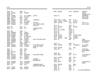 D-101                                                                                                          D-102


0EA9    B1       ORA    C                                   0F06 CD6203           CALL   MODIAD1       ;DISPLAY
0EAA    C3490F   JMP    TAPEIN                                                                         START
0EAD    FF                                                                                             ADDRESS ON
0EAE    21550D   LXI    HL, (FnADR)   ;GET Fn               0F09 76               HALT                 ;ADDRESS
0EB1    CD190B   CALL   PrLOAD                                                                         FIELD FOR
0EB4    0E05     MVI    C, 05                                                                          YOUR REF.
0EB6    CD6B0C   CALL   MESG          ;L DISPLAY            0F0A 0603 1.5 SEC     MVI    B, 03
0EB9    21E803   LXI    HL, 1000D                           0F0C 11FFFF LOOP0     LXI    D, FFFF
0EBC    CD410F   CALL   PERIOD        ;NC:1KHz              0F0F CDF105           CALL   DELAY         ;5 X 3 = 1.5
0EBF    DAB90E   JC     LOAD0         ;LOOP UNTIL SYNC                                                 SEC. DELAY
                                      1KHz DOT              0F12   05             DCR    B
0EC2 2B          DCX    HL                                  0F13   C20C0F         JNZ    LOOP0
0EC3 7C          MOV    A, H          ;LEADING SYNC         0F16   C9             RET
                                      1000?                 0F17   C5 GETBIT      PUSH   B
0EC4    B5       ORA    L                                   0F18   D5             PUSH   D
0EC5    C2BC0E   JNZ    LOAD1                               0F19   E5             PUSH   H
0EC8    CD510E   CALL   PERIOD                              0F1A   AF             XRA    A
0ECB    D2C80E   JNC    LOAD2                               0FAB   32FFFF         STA    CARRY TEMP.
0ECE    21BAFF   LXI    HL, BUFFST                          0F1E   210000         LXI    H, 0000
0ED1    010600   LXI    B, 0006                             0F21   CD510F   GB0   CALL   PERIOD
0ED4    CDA20E   CALL   TAPEIN        ;GET Fn SE SS & CHK   0F24   14             INR    D           ;NON
0ED7    DAB90E   JC     LOAD0                                                                        DESTRUCTIV
0EDA    3ABAFF   LDA    (TAPEF n)                                                                    E TESTING
0EDD    F5       PUSH   PSW                                 0F25 15               DCR    D
0EDE    CD6E03   CALL   MODIDT1       ;Fn IS DATA FIELD     0F26 C2400F           JNZ    TOOMUCH     ;D 0 LONG
0EE1    CD0A0F   CALL   1.5 SEC       ;PASS OUT 2KHz                                                 PERIOD
                                      SYNC.                 0F29 DA330F           JC     2KP
0EE4    F1       POP    PSW                                 0F2C 2D               DCR    L           ;FOR 1KHz
0EE5    47       MOV    B, A                                                                         DECREMENT
0EE6    DA1502   LDA    Fn                                                                           BY 2
0EE9    B8       CMP    A, B                                0F2D 2D               DCR    L
0EED    CDF50C   CALL   GETPARA       ;FILE NOT FOUND       0F2E 26FF             MVI    H, FF       ;1KHz END OF
0EF0    DA1502   JC     ERROR                                                                        THIS BIT
0EF3    CDA20E   CALL   TAPEIN                              0F30   C3210F         JMP    GB0
0EF6    DA1502   JC     ERROR         ;ILLEGAL              0F33   2C             INR    L
                                      PARAMETER             0F34   7C             MOV    A, H
0EF9 CD040D      CALL CHKSUM1                               0F35   FE00           CPI    00          ;H=00 2KHz IS
0EFC 21BFFF      LXI H, CHSAVE                                                                       FIRST
0EFF FE          CMP A, M             ;COMPARE DATA         0F37   CA210F         JZ     GB0
                                      SUMWITHTAPE SUM       0F3A   7D             MOV    A, L
0F00    C21502   JNZ    ERROR                               0F3B   17             RAL
0F03    2ABDF    LHLD   SSAVE                               0F3C   E1             POP    H
                                                            0F3D   D1             POP    D       ;L=(=/2KHz PERIOD)-2
 