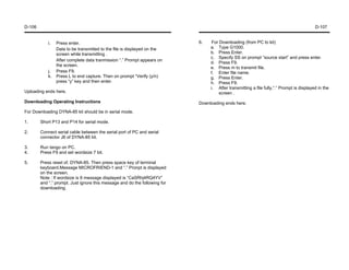 D-106                                                                                                                                     D-107


            i.   Press enter.                                               6.    For Downloading (from PC to kit)
                 Data to be transmitted to the file is displayed on the          a. Type G1000.
                 screen while transmitting .                                     b. Press Enter.
                                                                                 c. Specify SS on prompt “source start” and press enter.
                 After complete data tranmission “.” Prompt appears on
                                                                                 d. Press F9.
                 the screen.
                                                                                 e. Press m to transmit file.
            j.   Press F9.                                                       f. Enter file name.
            k.   Press L to end capture. Then on prompt “Verify (y/n)            g. Press Enter.
                 press “y” key and then enter.                                   h. Press F9.
                                                                                 i. After transmitting a file fully,”.” Prompt is displayed in the
Uploading ends here.                                                                  screen .
Downloading Operating Instructions                                          Downloading ends here.
For Downloading DYNA-85 kit should be in serial mode.

1.      Short P13 and P14 for serial mode.

2.      Connect serial cable between the serial port of PC and serial
        connector J6 of DYNA-85 kit.

3.      Run tango on PC.
4.      Press F9 and set wordsize 7 bit.

5.      Press reset of. DYNA-85. Then press space key of terminal
        keyboard.Message MICROFRIEND-1 and “.” Pronpt is displayed
        on the screen.
        Note : If wordsize is 8 message displayed is “CaSRhj4RQ4YV”
        and “.” prompt. Just ignore this message and do the following for
        downloading.
 
