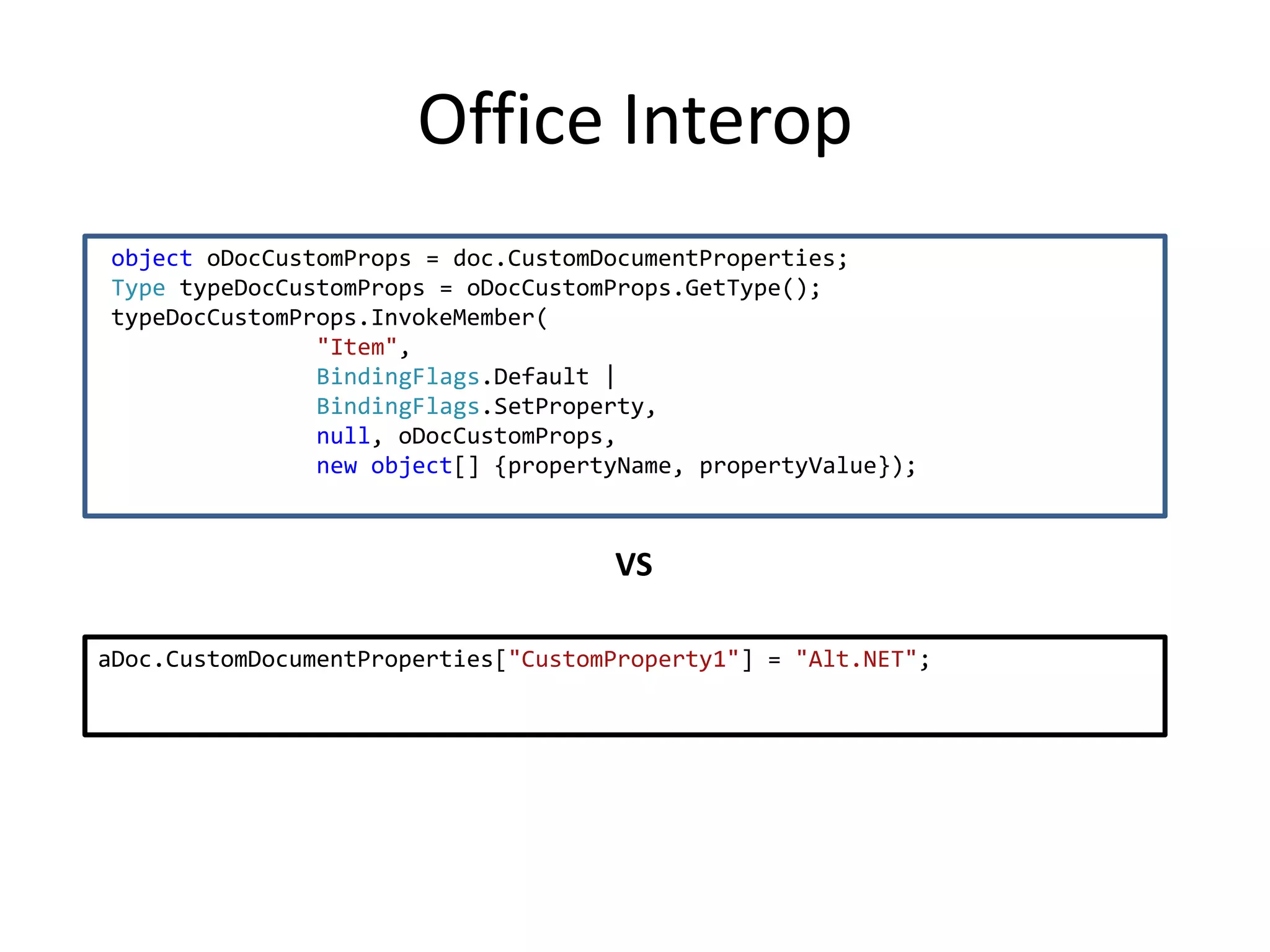 Office Interop
object oDocCustomProps = doc.CustomDocumentProperties;
Type typeDocCustomProps = oDocCustomProps.GetType();
typeDocCustomProps.InvokeMember(
               "Item",
               BindingFlags.Default |
               BindingFlags.SetProperty,
               null, oDocCustomProps,
               new object[] {propertyName, propertyValue});



                                     VS

aDoc.CustomDocumentProperties["CustomProperty1"] = "Alt.NET";
 