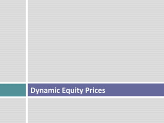 8/28/14 
Dynamic 
Equity 
Models 
Learning 
Objec>ves 
¨ Simula>on 
¤ Daily, 
monthly, 
annual 
sta>s>cal 
rela>onships 
¨ Lognormal 
probability 
density 
¨ Stochas>c 
differen>al 
equa>on 
¨ Con>nuous 
>me 
price 
process 
¨ Exact 
solu>on 
¨ Price 
and 
return 
probabili>es 
in 
con>nuous 
>me 
¨ Probability 
basics 
for 
op>on 
deriva>ves 
2 
More 
Simula>on 
3 
Perform 
a 
stock 
price 
simula>on 
for 
which 
current 
stock 
price, 
S0 
= 
$40.00, 
the 
expected 
monthly 
con>nuously 
compounded 
mean 
rate 
of 
return, 
u, 
is 
1%, 
and 
the 
expected 
standard 
devia>on, 
s, 
is 
5%. 
Perform 
the 
simula>on 
with 
daily 
>me 
increments 
for 
one 
year. 
Use 
floa>ng 
point 
>me, 
annualized, 
μ 
and 
σ, 
sta>s>cs. 
Run 
the 
simula>on 
10,000 
>mes. 
u 12 12.000% 
μ = ⋅ = 
s 12 17.321% 
σ = ⋅ = 
.004 
years 
t 1 
Δ = = 
252 
T = 
1.000 
years 
μ ⋅Δ t 
+ z ⋅ σ ⋅ Δ 
t 
.12 .004 
z .17321 .004 
S 
= 
S e 
+Δ ⋅ 
t t t 
S 
= 
S e 
+ ⋅ 
t .004 t 
⋅ + ⋅ ⋅ 
Simula>on: 
4 
$60 
$55 
$50 
$45 
$40 
$35 
$30 
$25 
$20 
$15 
$10 
$5 
$0 
μ ⋅Δ t 
+ z ⋅ σ ⋅ Δ 
t 
.12 .004 
z .17321 .004 
S 
= 
S e 
+Δ ⋅ 
t t t 
S 
= 
S e 
+ ⋅ 
t .004 t 
⋅ + ⋅ ⋅ 
0.00 0.05 0.10 0.15 0.20 0.25 0.30 0.35 0.40 0.45 0.50 0.55 0.60 0.65 0.70 0.75 0.80 0.85 0.90 0.95 1.00 
Stock 
Price 
Time 
[years] 
Dynamic 
Equity 
Models 
1 
 