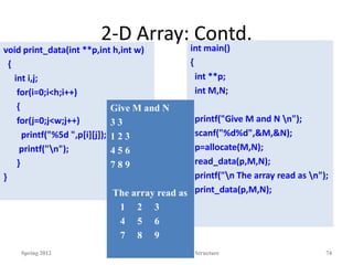 2-D Array: Contd.
Spring 2012 Programming and Data Structure 74
void print_data(int **p,int h,int w)
{
int i,j;
for(i=0;i<h;i++)
{
for(j=0;j<w;j++)
printf("%5d ",p[i][j]);
printf("n");
}
}
int main()
{
int **p;
int M,N;
printf("Give M and N n");
scanf("%d%d",&M,&N);
p=allocate(M,N);
read_data(p,M,N);
printf("n The array read as n");
print_data(p,M,N);
}
Give M and N
3 3
1 2 3
4 5 6
7 8 9
The array read as
1 2 3
4 5 6
7 8 9
 