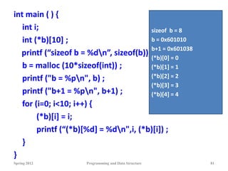 int main ( ) {
int i;
int (*b)[10] ;
printf (“sizeof b = %dn”, sizeof(b));
b = malloc (10*sizeof(int)) ;
printf ("b = %pn", b) ;
printf ("b+1 = %pn", b+1) ;
for (i=0; i<10; i++) {
(*b)[i] = i;
printf (“(*b)*%d+ = %dn",i, (*b)[i]) ;
}
}
Spring 2012 Programming and Data Structure 81
sizeof b = 8
b = 0x601010
b+1 = 0x601038
(*b)[0] = 0
(*b)[1] = 1
(*b)[2] = 2
(*b)[3] = 3
(*b)[4] = 4
 