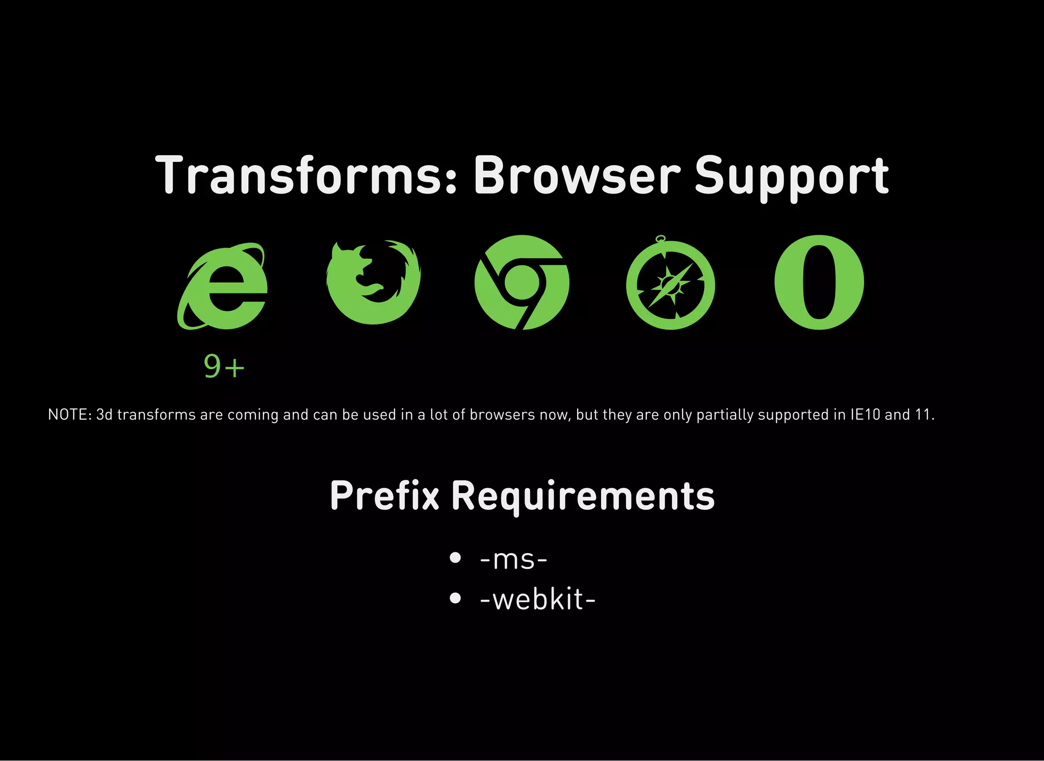 Prefix Requirements
Transforms: Browser Support

9+
 

 

 

 

NOTE: 3d transforms are coming and can be used in a lot of browsers now, but they are only partially supported in IE10 and 11.
-ms-
-webkit-
 