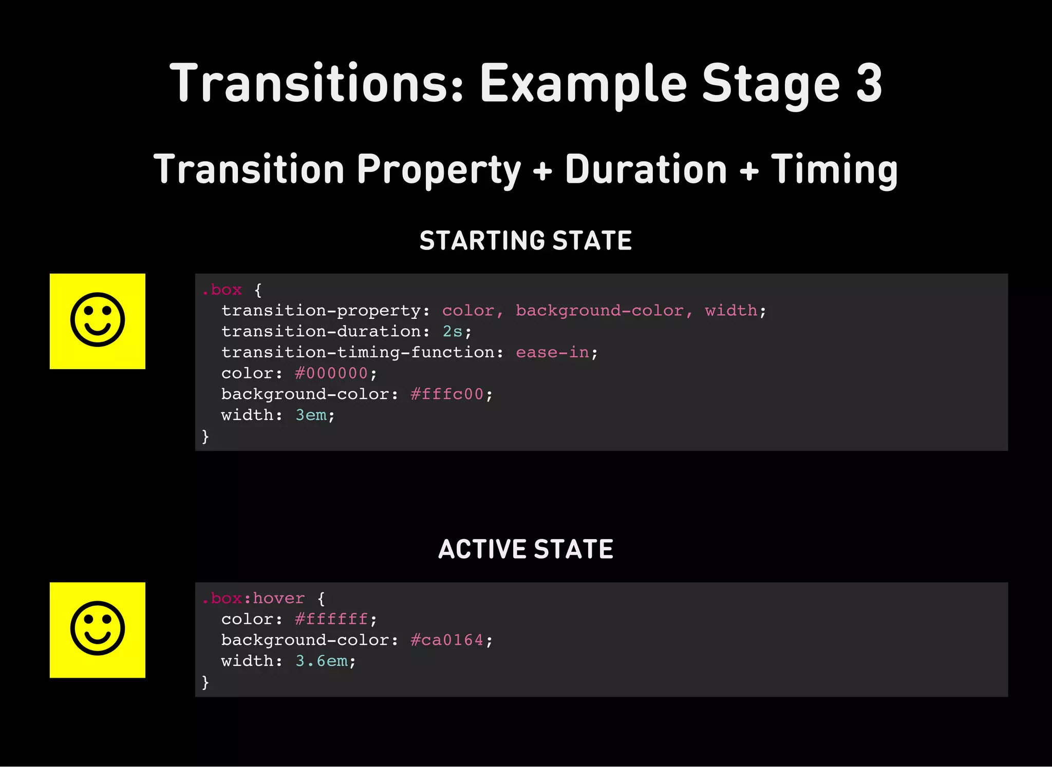Transitions: Example Stage 3
Transition Property + Duration + Timing
STARTING STATE

.box {
transition-property: color, background-color, width;
transition-duration: 2s;
transition-timing-function: ease-in;
color: #000000;
background-color: #fffc00;
width: 3em;
}
ACTIVE STATE

.box:hover {
color: #ffffff;
background-color: #ca0164;
width: 3.6em;
}
 