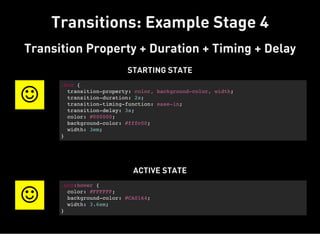 Transitions: Example Stage 4
Transition Property + Duration + Timing + Delay
STARTING STATE

.box {
transition-property: color, background-color, width;
transition-duration: 2s;
transition-timing-function: ease-in;
transition-delay: 3s;
color: #000000;
background-color: #fffc00;
width: 3em;
}
ACTIVE STATE

.box:hover {
color: #FFFFFF;
background-color: #CA0164;
width: 3.6em;
}
 
