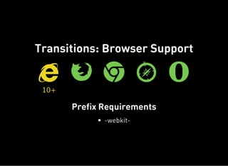 Prefix Requirements
Transitions: Browser Support

10+
 

 

 

 

-webkit-
 