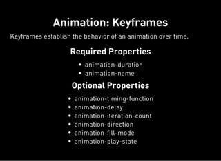 Required Properties
Optional Properties
Animation: Keyframes
Keyframes establish the behavior of an animation over time.
animation-duration
animation-name
animation-timing-function
animation-delay
animation-iteration-count
animation-direction
animation-fill-mode
animation-play-state
 