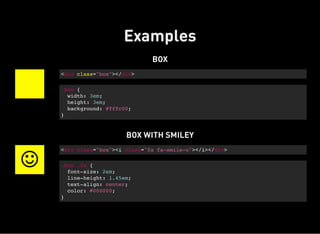Examples
BOX
BOX WITH SMILEY
<div class="box"></div>
.box {
width: 3em;
height: 3em;
background: #fffc00;
}

<div class="box"><i class="fa fa-smile-o"></i></div>
.box .fa {
font-size: 2em;
line-height: 1.45em;
text-align: center;
color: #000000;
}
 