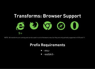 Prefix Requirements
Transforms: Browser Support

9+
 

 

 

 

NOTE: 3d transforms are coming and can be used in a lot of browsers now, but they are only partially supported in IE10 and 11.
-ms-
-webkit-
 