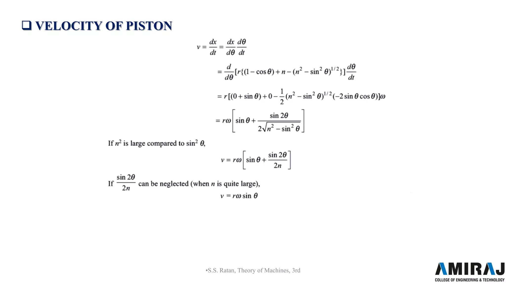 •S.S. Ratan, Theory of Machines, 3rd
 VELOCITY OF PISTON
 
