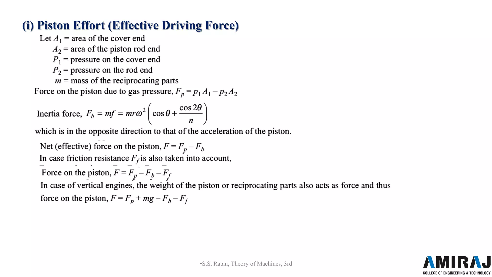 (i) Piston Effort (Effective Driving Force)
•S.S. Ratan, Theory of Machines, 3rd
 